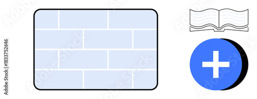 Brick wall concept. Brick wall security and robustness alongside an open book for knowledge and a blue plus sign for addition or growth. Ideal for security, education, and growth projects, visual