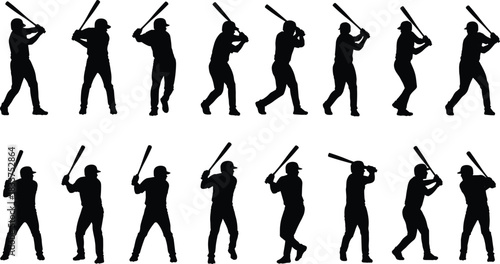 Baseball player silhouette set, batting pose and swing motion collection, sports graphics, black white vector, cad drawing flat vector illustration
