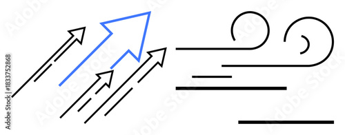 Group of arrows moving forward, one bold blue arrow leading, against swirling wind lines. Ideal for leadership, innovation, teamwork, growth, resilience, determination simple flat metaphor