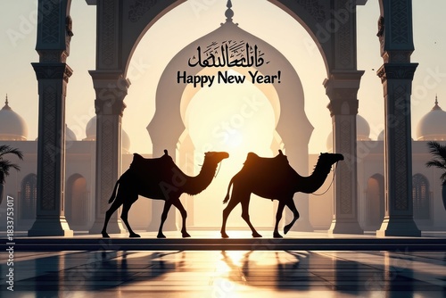 Camel silhouettes in front of an islamic archway