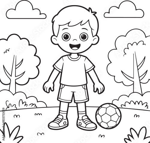Outlined cartoon boy stands with a soccer ball near trees and cloud scenery