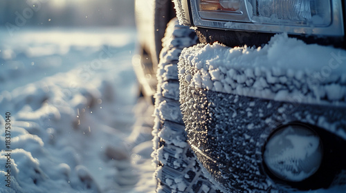 Car wheel covered in snow on a winter road with sunlight  