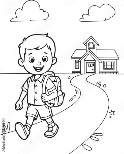 Smiling cartoon boy with backpack joyfully walks toward school building in a monochrome scene