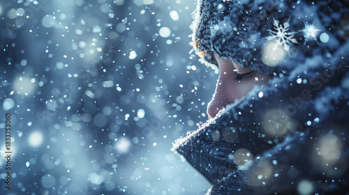 Young person in winter coat with snow falling in cold atmosphere  
