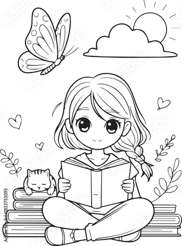 Smiling girl with braid reads a book beside her cat under sunlight, transparent background