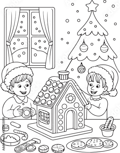 Two smiling children in Santa hats decorating gingerbread house during winter holiday season