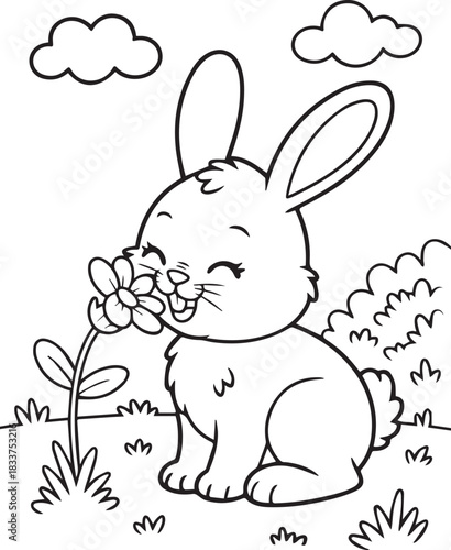 Smiling cartoon bunny sniffs a flower happily in a monochrome landscape under fluffy clouds