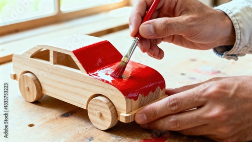 Artisan carefully paints a wooden toy car in vibrant red, highlighting craftsmanship and creativity in a bright workshop filled with natural light, emphasizing the joy of creating handmade toys