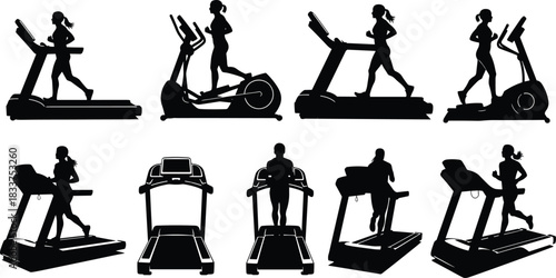 Fitness equipment icon set, treadmill and elliptical silhouette collection, workout graphics, black white vector, cad drawing flat vector illustration
