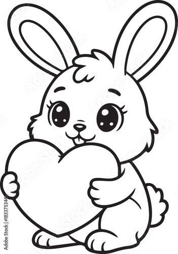 Smiling bunny contour hugs a heart shape in black and white style, transparent background