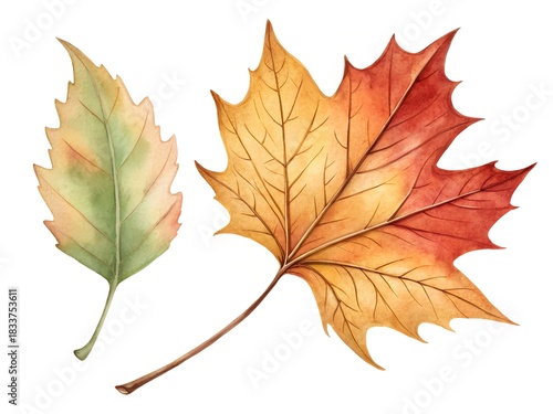 Watercolor illustration of two autumn leaves isolated on a white background