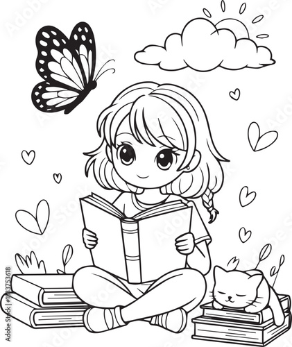 Smiling girl reading a book with a sleeping cat and butterfly, all in black lines