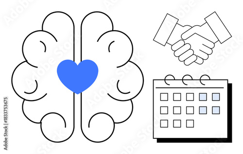 Brain with heart symbol, handshake, and calendar portraying emotional intelligence, collaboration, planning, connection, teamwork, empathy and organization. Ideal for emotional growth
