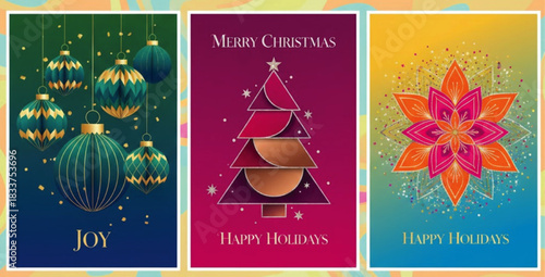 Merry Christmas & Happy New Year Luxury Greeting Card Vector Set: Premium Invitation Design with Sparkle Christmas Tree and Spot Texture on Red Background for Seasonal Cards and Ads.