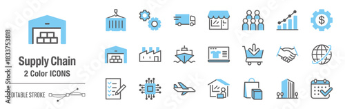 カジュアルな２色・アイコンセット｜サプライチェーン、調達、製造、在庫管理、配送、販売、消費 [線の編集可能]