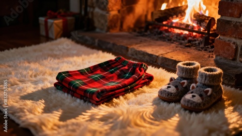 Warm and inviting scene with neatly folded red plaid pajamas placed next to a crackling fireplace, accompanied by cute animal slippers on a fluffy white rug, perfect for winter comfort and relaxation