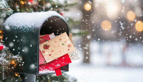 A mailbox overflowing with holiday cards and a sprinkle of snow.