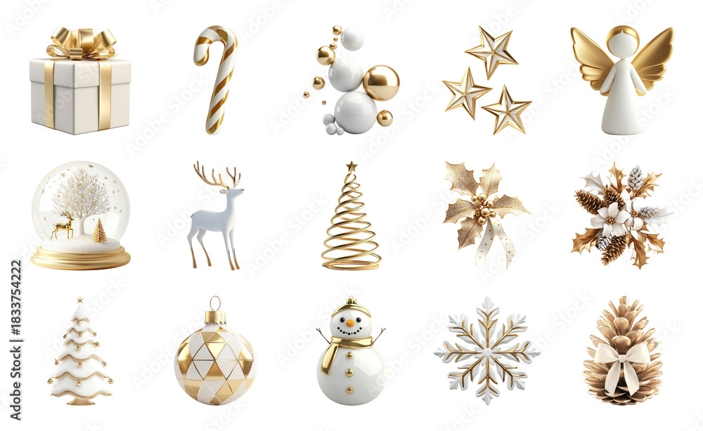 Obraz premium PNG Elegant gold white Christmas icons, element set on transparent background