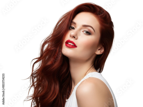 Stunning red-haired woman with long wavy hair, red lips, beauty portrait