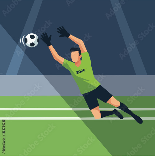 Goalkeeper's Leap: A dynamic illustration captures a goalkeeper in mid-air, extending towards the ball in a bid to save the goal
