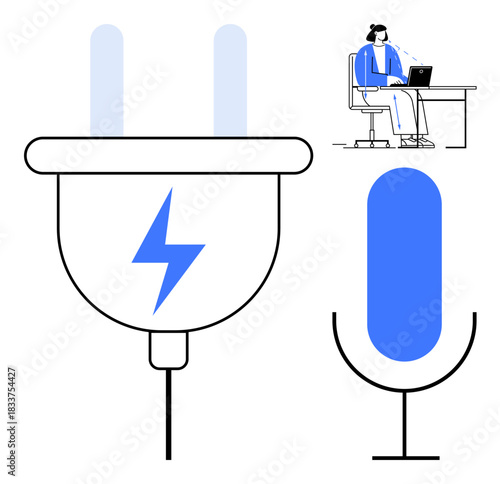 Voice recording concept. Voice tools with microphone, energy plug, and person at desk using technology. Voice helps in content creation and efficient communication. For podcasts, tech services