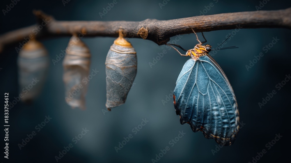 Obraz premium A blue butterfly is perched on a branch, with a cocoon hanging from the branch above it. The cocoon is in the middle of the branch, and the butterfly is the only other object visible