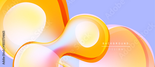 Abstract fluid shapes, orange, yellow hues blend with lavender backdrop. Modern design evokes movement, softness, warmth.