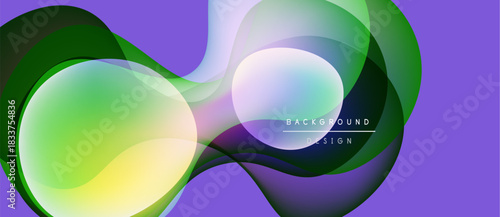 Abstract fluid shapes overlap, creating vibrant color gradients. Purple background complements green, yellow hues. Modern design element.