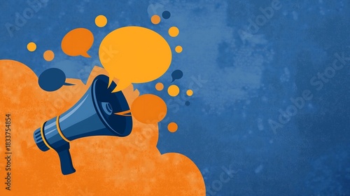 Megaphone with Speech Bubbles on a Blue and Orange Background: Annoucement, Promotion, and Communication