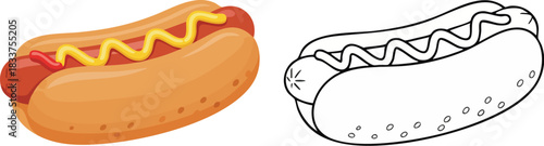 Color and Outline Hot Dog with Mustard Vector Set for Food Design