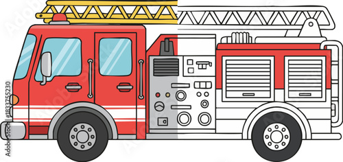 Coloring Page Concept Partially Colored Fire Truck Rescue Vehicle