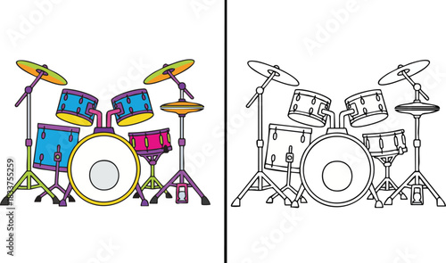 Colorful Drum Kit and Black and White Outline Version for Music Design