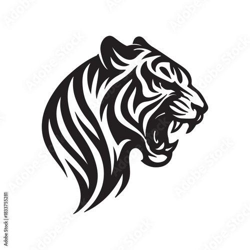 Dynamic roaring tiger head illustration capturing the fierce spirit of the wild, embodying primal strength and untamed power with a striking, stylized design