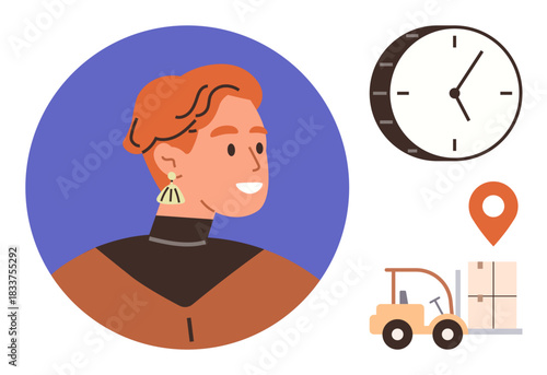 Smiling woman portrait with a clock, location pin, and forklift carrying packages. Ideal for time management, delivery service, supply chain, logistics, teamwork, efficiency simple flat metaphor