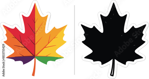 Dual Maple Leaf Design Vibrant Rainbow Pride Colors Versus Solid Silhouette Icon