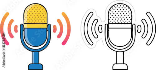 Vibrant Microphone Icon with Sound Waves and Outline Version for Audio Design