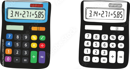 Two Different Style Electronic Calculators Showing Basic Arithmetic on Display