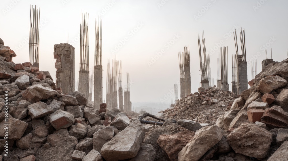 Fototapeta premium A desolate landscape with a pile of rubble and a few concrete pillars. Scene is bleak and desolate
