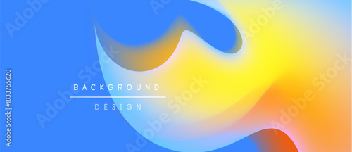Abstract fluid shapes blend vibrant blues, yellows, oranges. Gradient colors create dynamic background design. Smooth curves suggest movement.