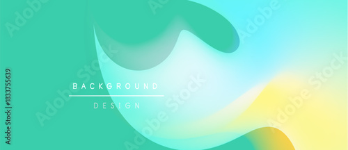 Abstract fluid shapes blend turquoise, yellow, white. Gradient background suggests movement, modern design aesthetic. Minimal text present.