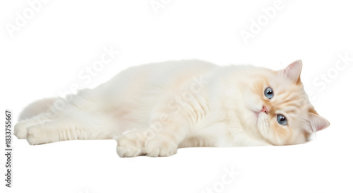 Cream-colored British Shorthair cat lying down isolated PNG on transparent background, adorable pet with blue eyes for design projects