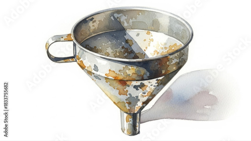 Used metal funnel with rust spots isolated on white background, realistic illustration showcasing texture and shadow