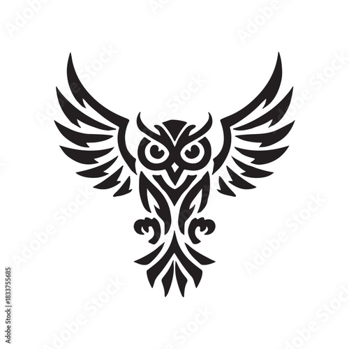 Detailed black and white illustration of an owl with spread wings, featuring intricate patterns and designs, perfect for creative projects