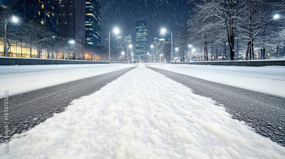 Obraz premium Snow lined city road at night with falling snow and glowing skyline