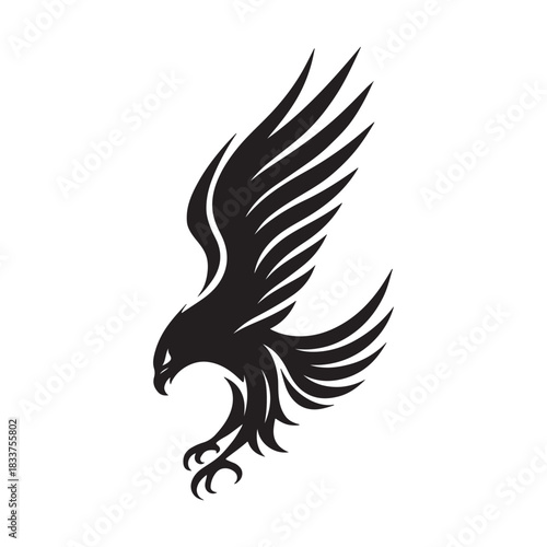A powerful and majestic bird of prey, depicted as a black graphic silhouette icon. This stylized eagle or hawk is swooping with outstretched wings and sharp talons, symbolizing strength and freedom