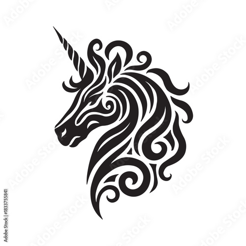 Whimsical Unicorn  Elegant Black and White Illustration with Curly Mane and Horn