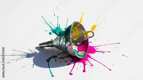 Metal funnel used for pouring paint, isolated on a white background, surrounded by vibrant splashes of cyan, magenta, and yellow ink