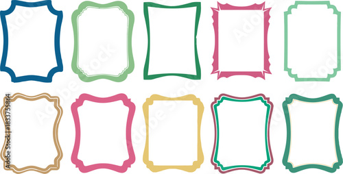 Vibrant collection of ten distinct decorative frames, each with a unique shape and colorful border, offering versatile design elements.