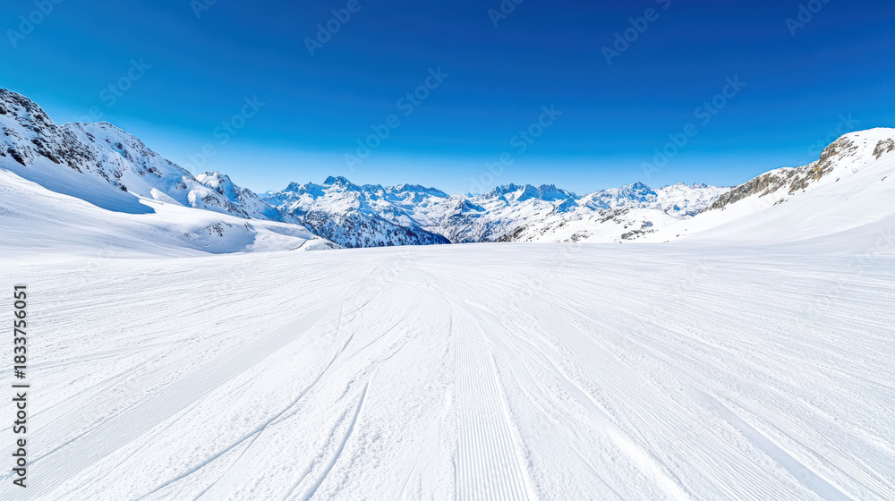 Obraz premium Groomed snow snowy mountain clear blue sky crisp air alpine valley winter landscape panoramic