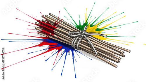 Bundle of incense sticks tied together on isolated white background with vibrant paint splashes